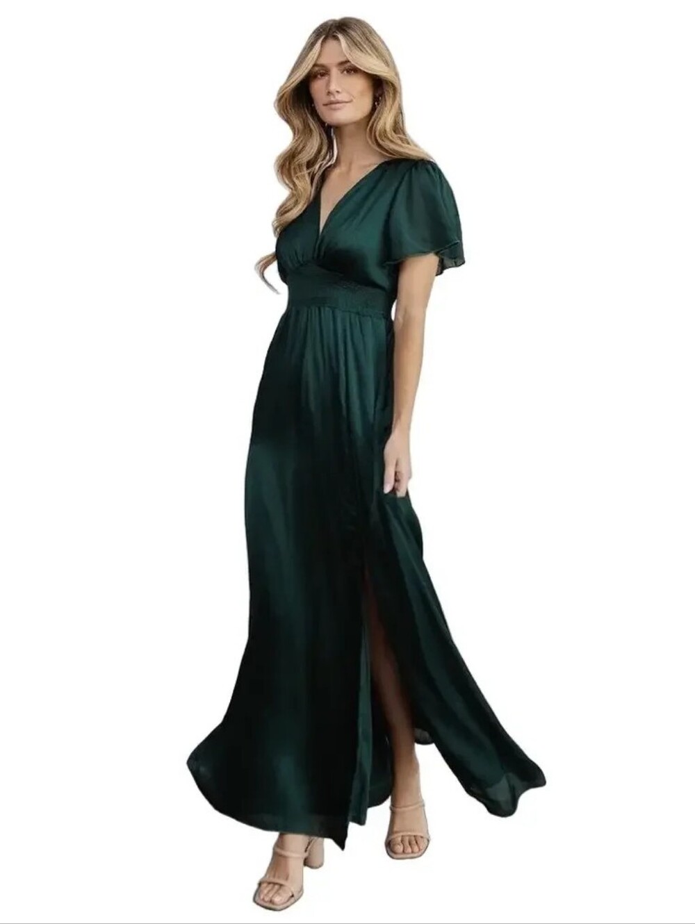 Baltic Born Prague Satin Smocked Empire Waist Maxi Dress Dark Green M - Picture 13 of 13